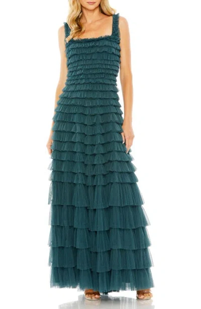 Mac Duggal Textured Mesh Square Neckline Allover Ruffle Gown In Green