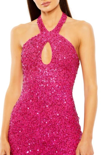 Mac Duggal Cross-front Beaded Mini Dress With Keyhole Detail And Fringe In Pink