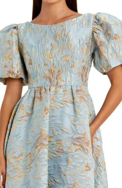 Mac Duggal Brocade High-low Gown With Puff Sleeves In Blue