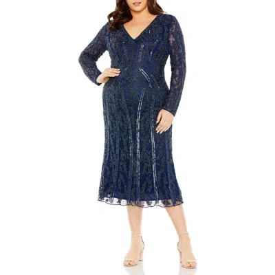 Mac Duggal 5938 Plus Size Long Sleeve Fitted Midi Dress In Blue