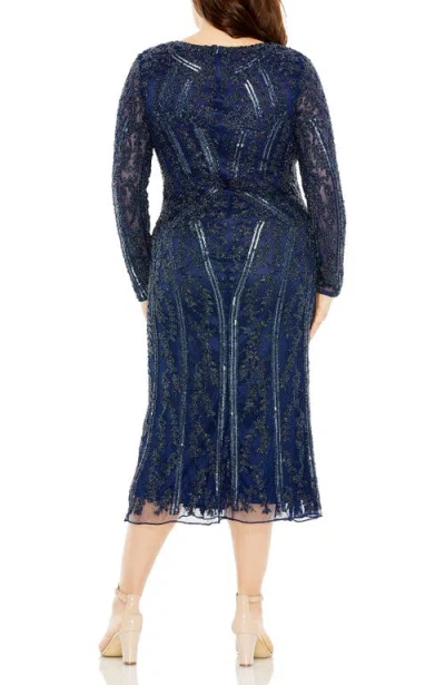 Mac Duggal 5938 Plus Size Long Sleeve Fitted Midi Dress In Blue