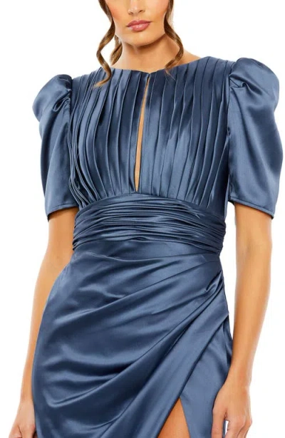 Mac Duggal Pleated Charmeuse Dress With Puff Sleeves And Draped Waist In Blue