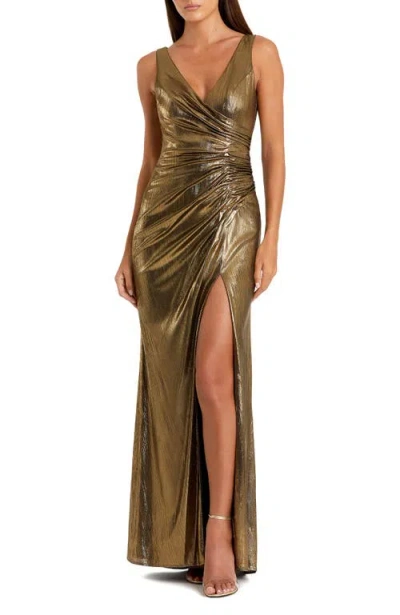 Mac Duggal Metallic Long-sleeve Asymmetrical Ruched Gown In Antique Gold
