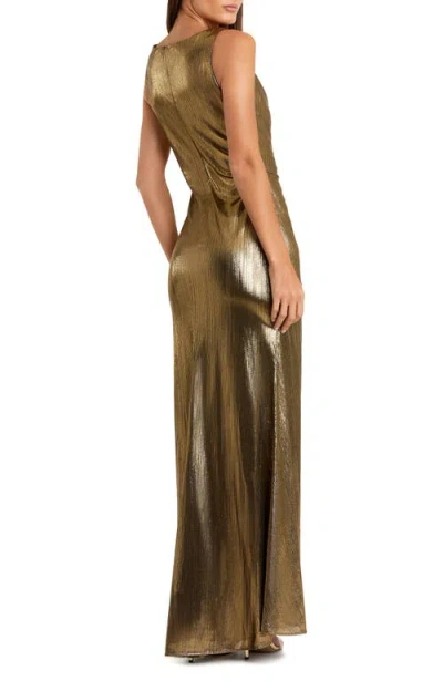 Mac Duggal Metallic Long-sleeve Asymmetrical Ruched Gown In Antique Gold