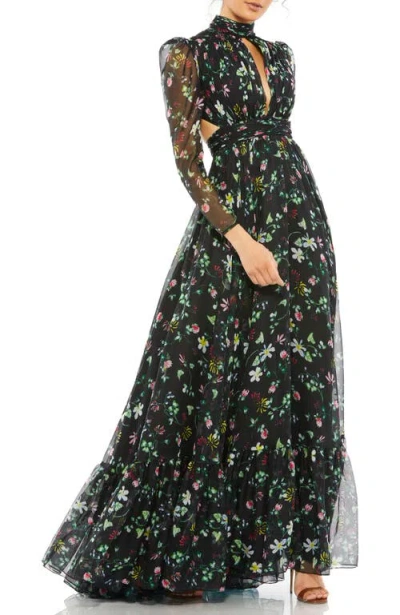 Mac Duggal Floral Chiffon High-neck Gown With Sheer Puff Sleeves And Lace-up Cutouts In Black