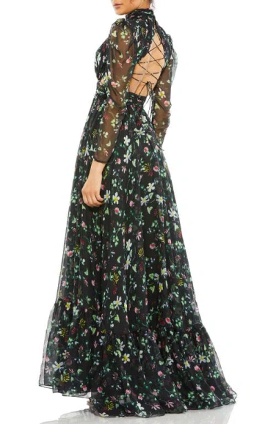 Mac Duggal Floral Chiffon High-neck Gown With Sheer Puff Sleeves And Lace-up Cutouts In Black