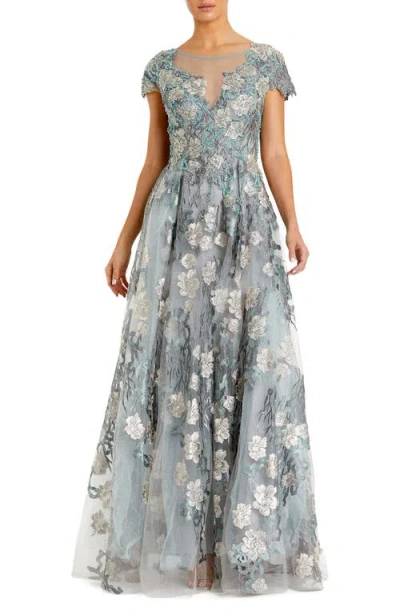 Mac Duggal Embroidered Mesh Dress With Illusion Neck And Short Sleeves In Gray