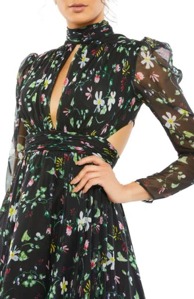 Mac Duggal Floral Chiffon High-neck Gown With Sheer Puff Sleeves And Lace-up Cutouts In Black