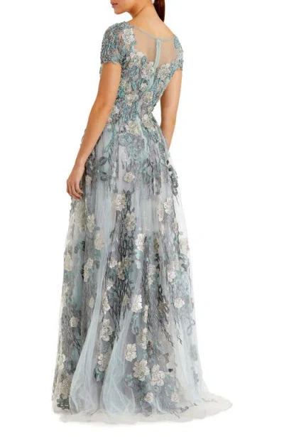 Mac Duggal Embroidered Mesh Dress With Illusion Neck And Short Sleeves In Gray