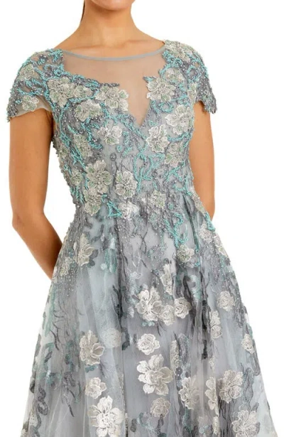 Mac Duggal Embroidered Mesh Dress With Illusion Neck And Short Sleeves In Gray