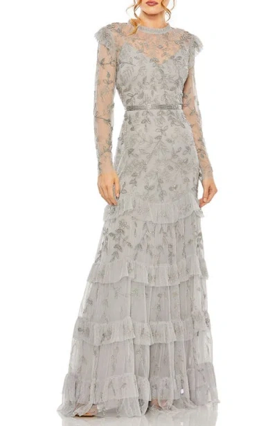 Mac Duggal Structured Ball Gown With Square Neck And Cap Sleeves In Silver