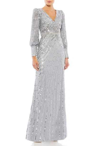 Mac Duggal Sequined Wrap Gown With Dramatic Bishop Sleeves In Silver