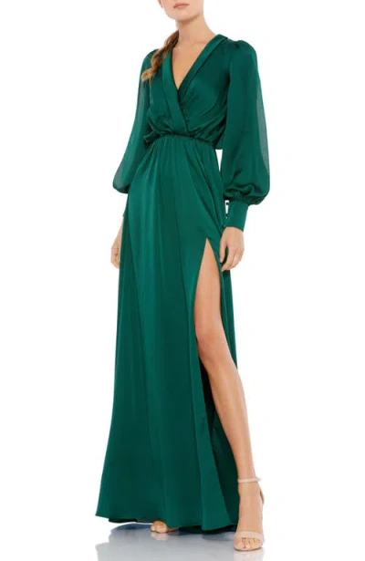 Mac Duggal Satin Dress With Cinched Waist And Thigh-high Slit In Green