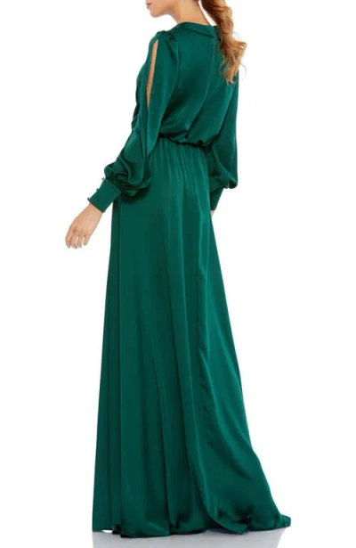 Mac Duggal Satin Dress With Cinched Waist And Thigh-high Slit In Green
