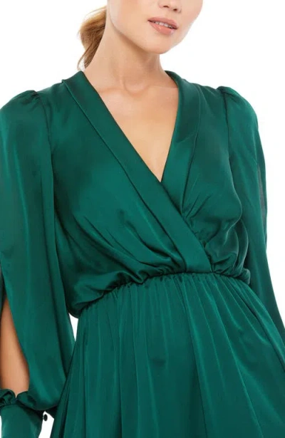 Mac Duggal Satin Dress With Cinched Waist And Thigh-high Slit In Green
