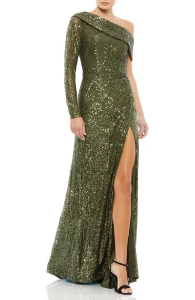 Mac Duggal Sequined Drop Shoulder Faux Wrap Gown In Green