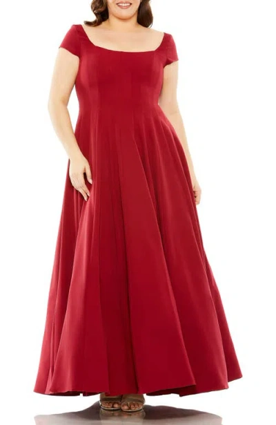 Mac Duggal Structured Ball Gown With Square Neck And Cap Sleeves In Red
