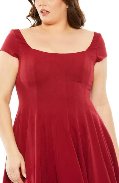 Mac Duggal Structured Ball Gown With Square Neck And Cap Sleeves In Red