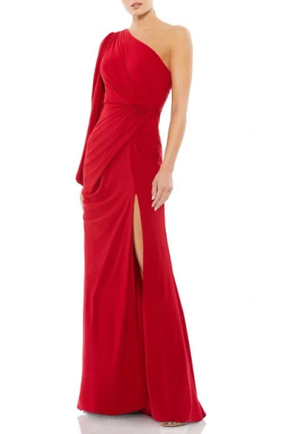 Mac Duggal Ruched Jersey Drop-shoulder Faux Wrap Gown In Red