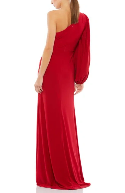 Mac Duggal Ruched Jersey Drop-shoulder Faux Wrap Gown In Red