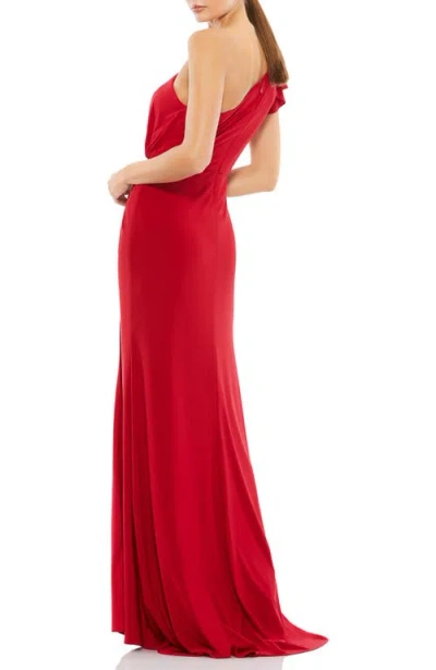 Mac Duggal Asymmetric One-shoulder Jersey Gown With Ruffle Sleeve And Thigh-high Slit In Red