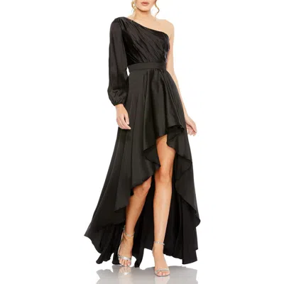 Mac Duggal High Low One Shoulder Flowy Gown In Black