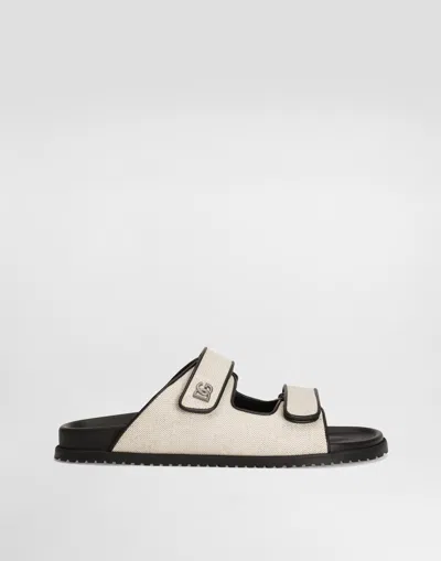 Dolce & Gabbana Canvas Slides With Two Straps In Neutral