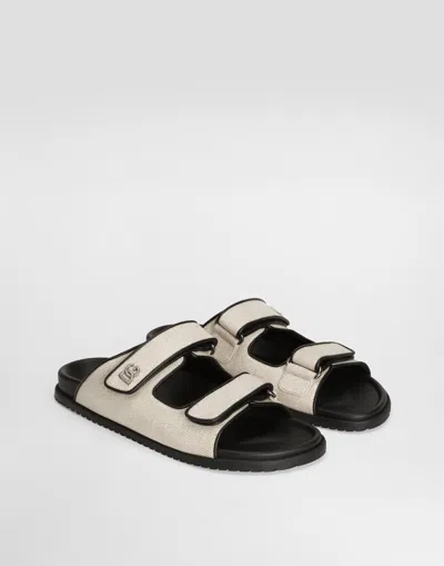 Dolce & Gabbana Canvas Slides With Two Straps In Neutral