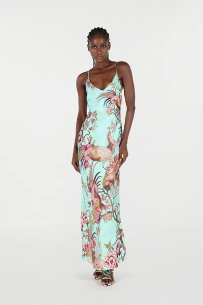 Roberto Cavalli Kleid Im Stil Eines Unterkleids Mit Oriental Bird Print In Gray