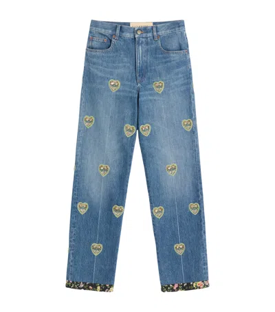 Valentino Embroidered Embellished High-rise Straight-leg Jeans In Blue