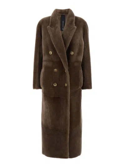 Blancha Brown Double-breasted Shearling Coat With Peak Revers