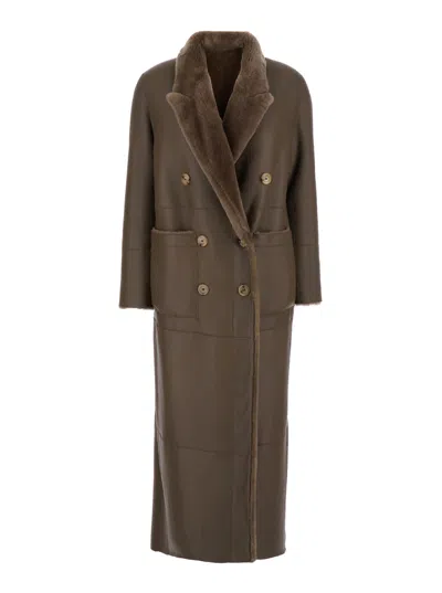 Blancha Brown Double-breasted Shearling Coat With Peak Revers