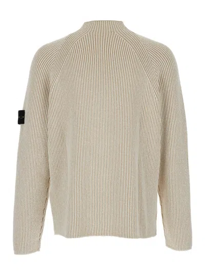 Stone Island White Sweater With Ribbed Design And Logo Patch On Sleeve In Virgin Wool Blend Man In Neutral