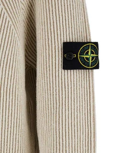 Stone Island White Sweater With Ribbed Design And Logo Patch On Sleeve In Virgin Wool Blend Man In Neutral