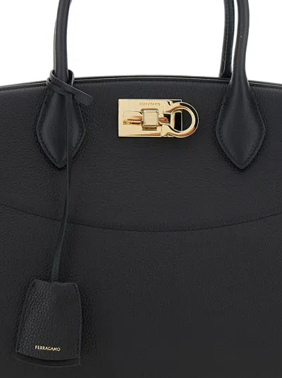 Ferragamo Black Handbag With Adjustable And Removable Shoulder Strap And Gancini Turn-lock Closure In Grained  In Black