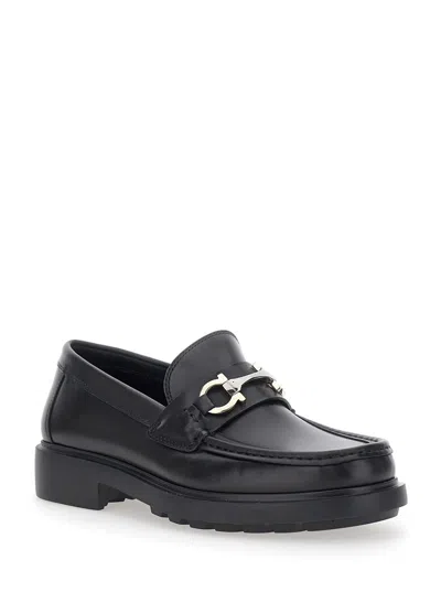 Ferragamo Leather Loafer With Gancini Metal Detail In Black