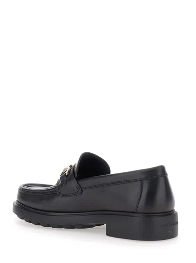 Ferragamo Leather Loafer With Gancini Metal Detail In Black