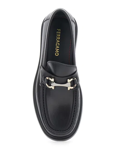 Ferragamo Leather Loafer With Gancini Metal Detail In Black