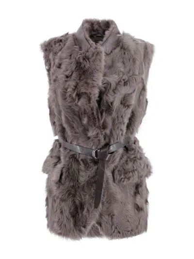 Brunello Cucinelli Belted Faux Fur Vest With Notched Lapel In Brown