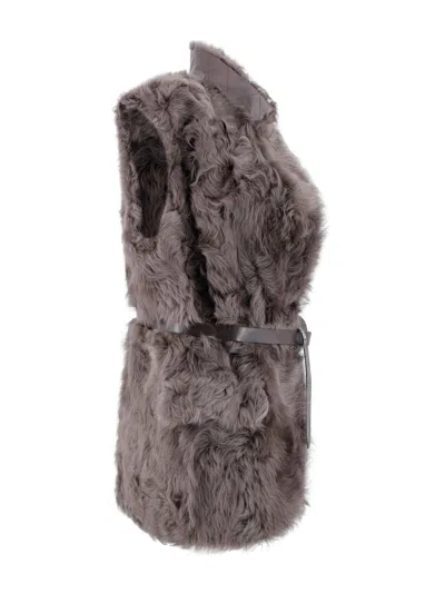 Brunello Cucinelli Belted Faux Fur Vest With Notched Lapel In Brown