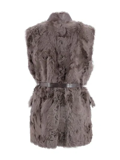 Brunello Cucinelli Belted Faux Fur Vest With Notched Lapel In Brown