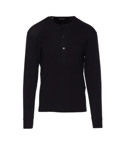 Tom Ford Cotton Stretch Rib Henley T-shirt In Black