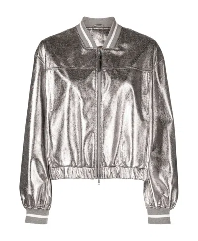 Brunello Cucinelli Laminated Leather Bomber Jacket Puffer Jackets Silver In Metallic