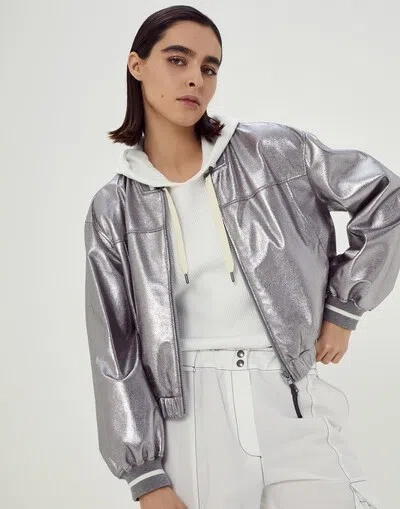 Brunello Cucinelli Laminated Leather Bomber Jacket Puffer Jackets Silver In Metallic