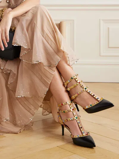 Valentino Garavani Rockstud 100 Embellished Metallic Leather Pumps In Black