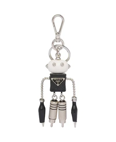 Prada Saffiano-leather Robot Keychain Trick In Black