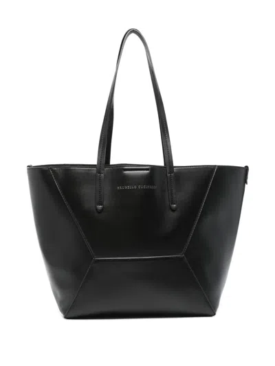 Brunello Cucinelli Geometric Panel Structured Tote Bag With Detachable Pouch In Black