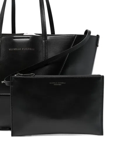 Brunello Cucinelli Geometric Panel Structured Tote Bag With Detachable Pouch In Black