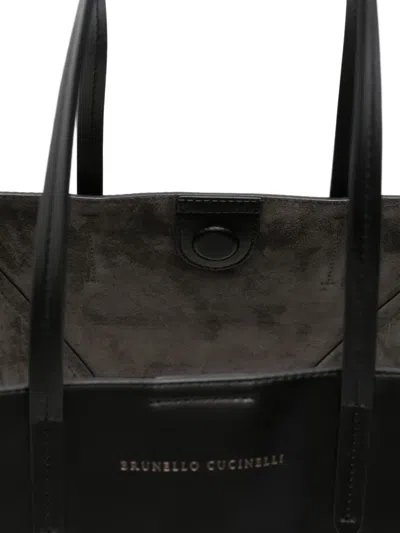 Brunello Cucinelli Geometric Panel Structured Tote Bag With Detachable Pouch In Black