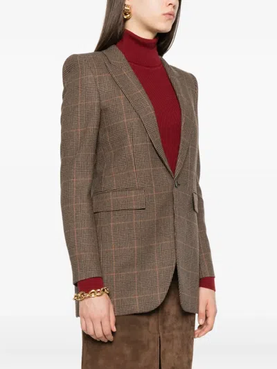 Saint Laurent Checked Single-breasted Blazer In Brown
